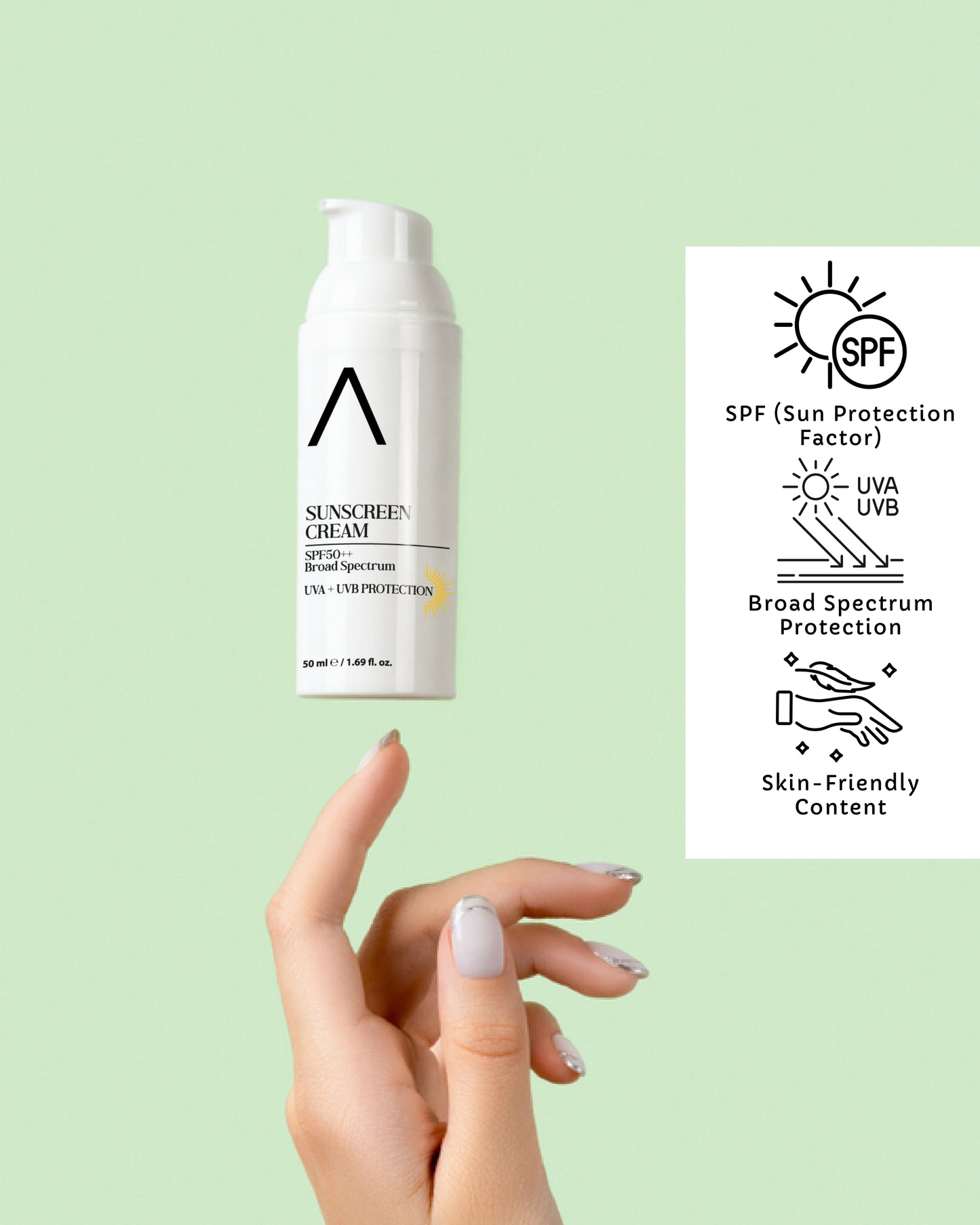 Krem przeciwsłoneczny SPF50+, UVA+UVB Ochrona, Airless 50ml
